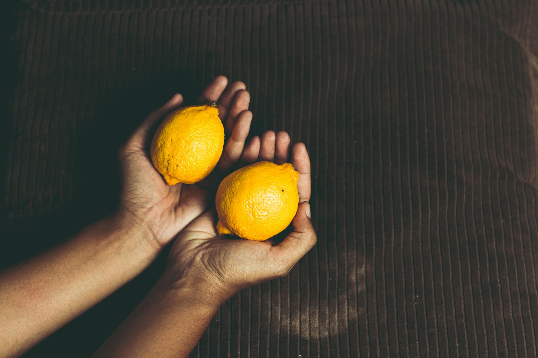 Close-up of fresh lemons held in cupped hands on a brown surface